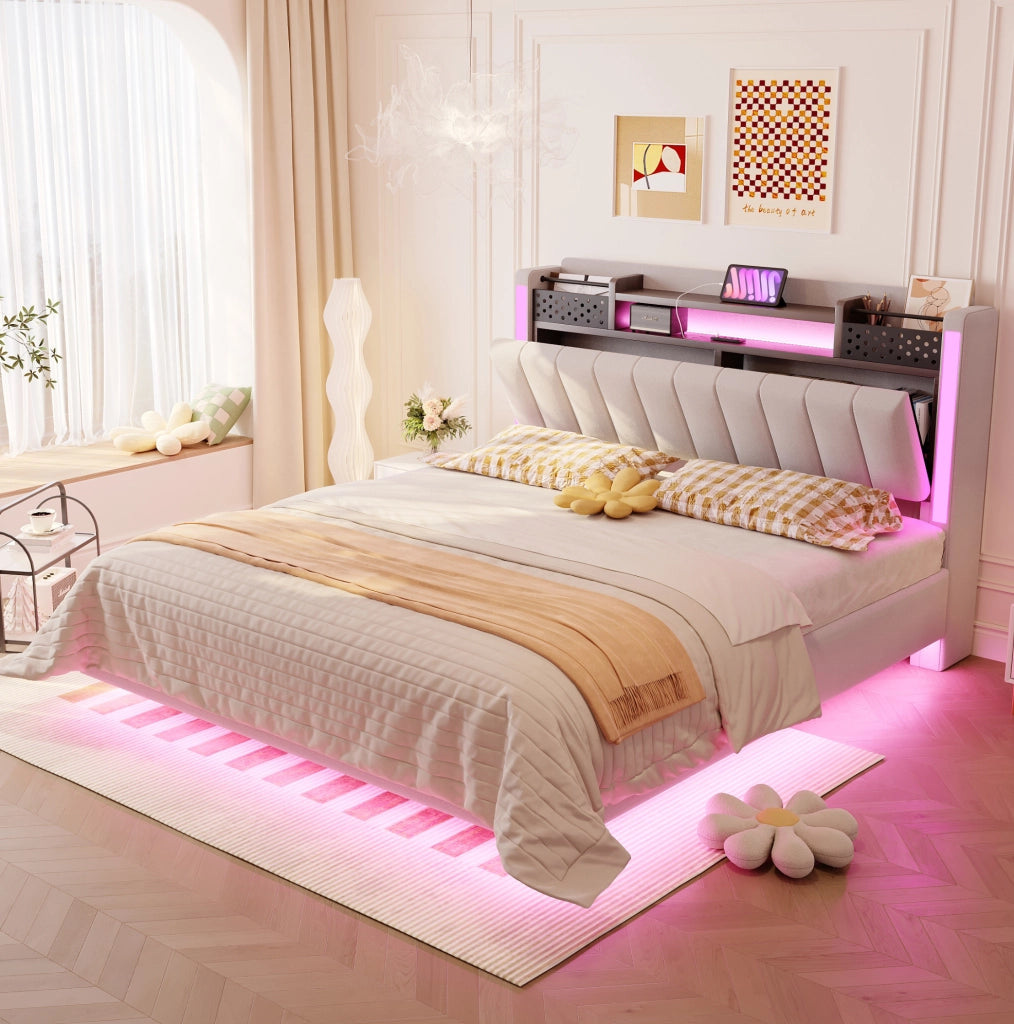 Letto matrimoniale imbottito 140x200 cm con LED; USB e contenitore; beige