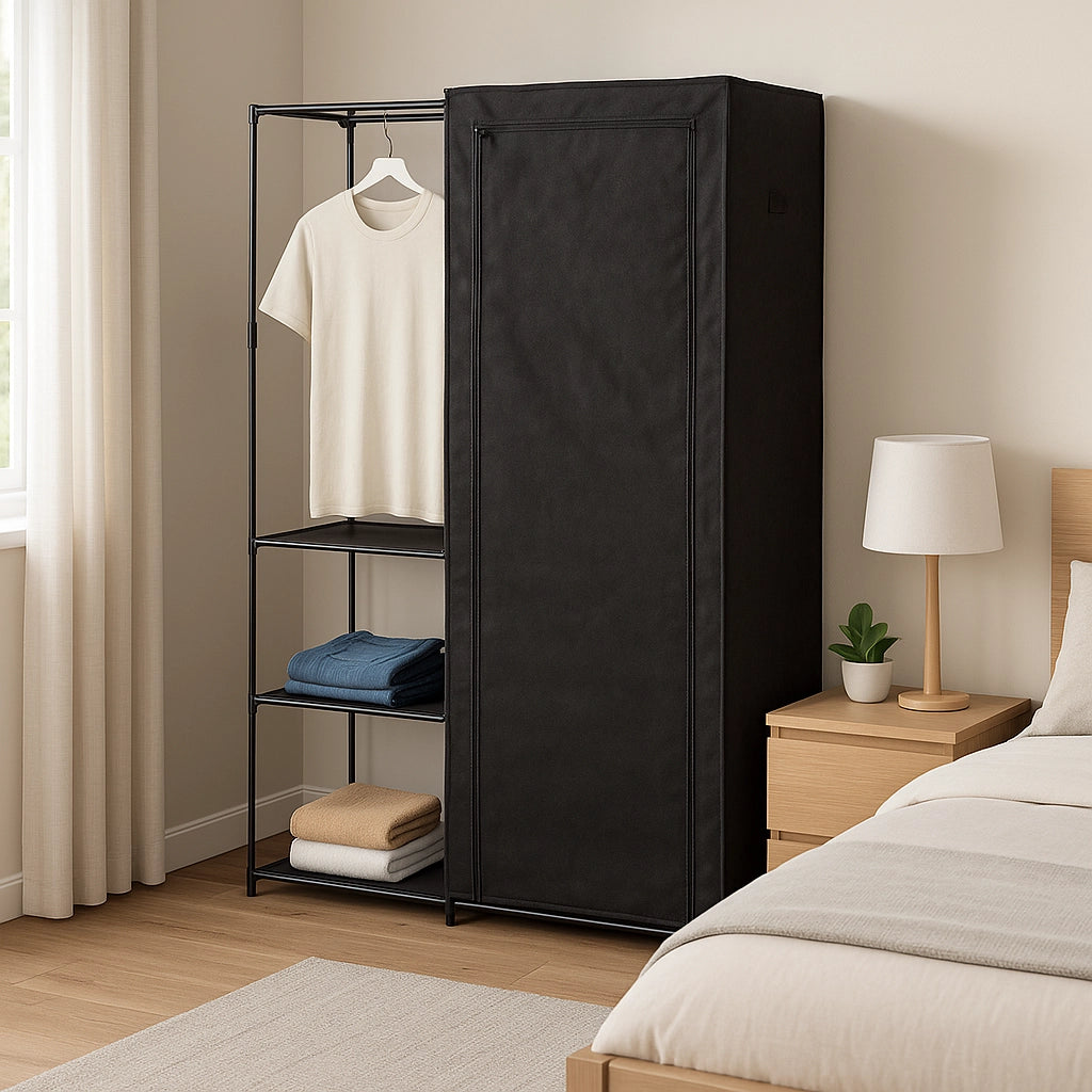Armadio Doppio Salvaspazio Metallo e Tessuto TNT Appendiabiti 105x43x172cm Nero