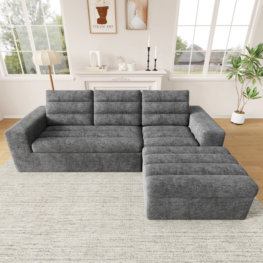 Divano angolare modulare 4 posti - con pouf e cuscini - in chenille - grigio chiaro