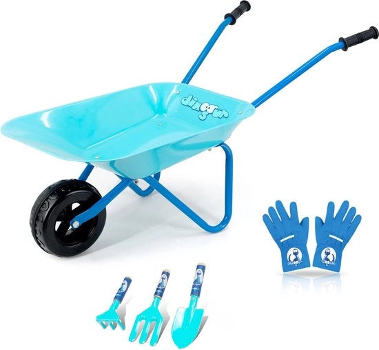 Set di giardinaggio per bambini con carrello metallico, 5 pezzi, contenente paletta, rastrello, forchetta e guanti per bambini (blu)