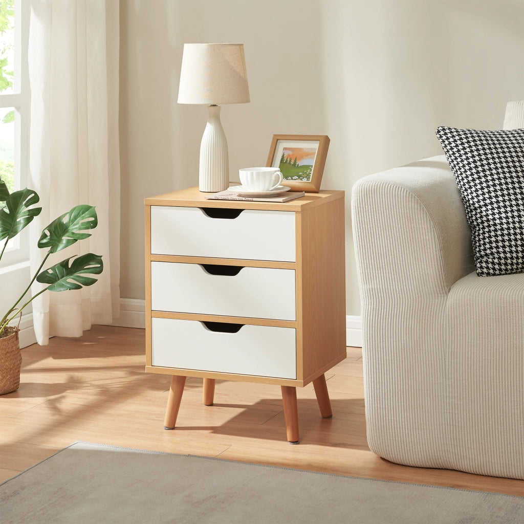 Comodino Bordkak con 3 Cassetti 55 x 40 x 30 cm - Effetto Rovere / Bianco [en.casa]