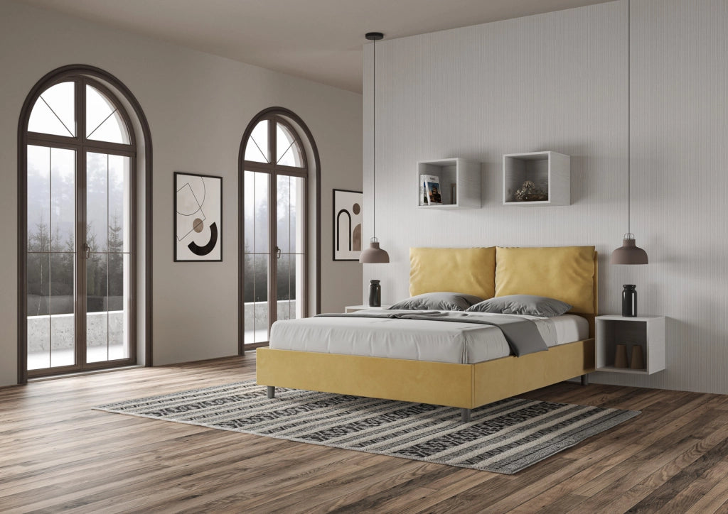 Letto Matrimoniale 160x200 cm con Rete e Contenitore Giroletto con Alzata Comoda Imbottito in Microfibra Antea Ocra