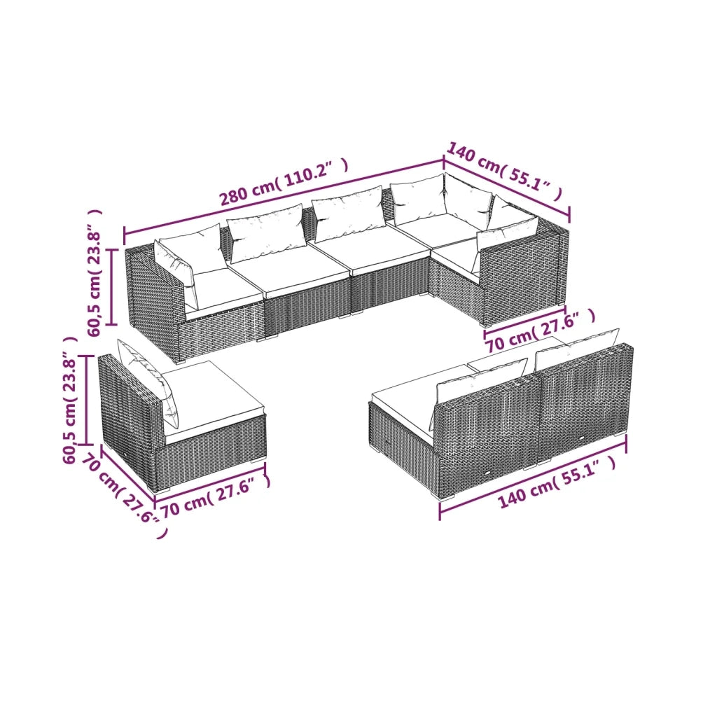 Set Divani da Giardino 8 pz con Cuscini in Polyrattan Marrone cod mxl 39089