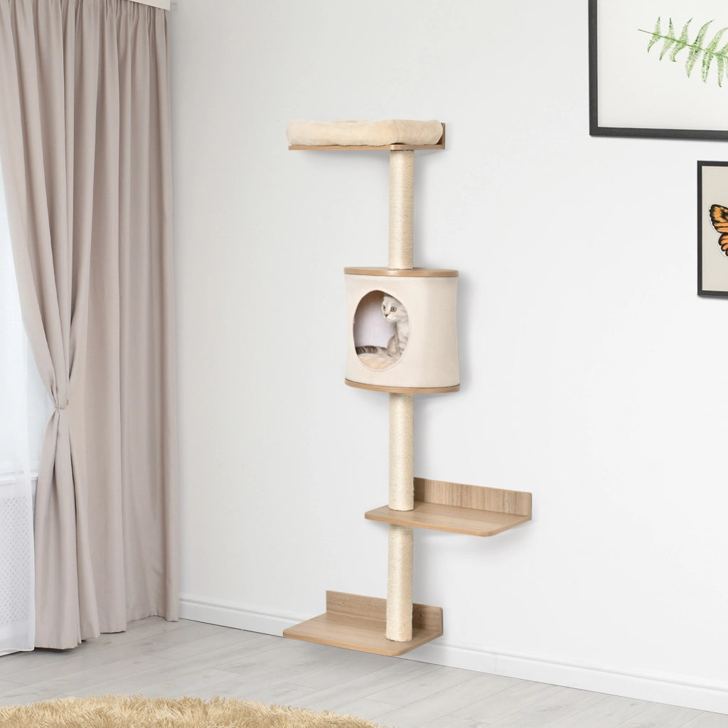 Albero per gatti a parete con piattaforme, cuccia e tiragraffi in sisal ¨C zephmum ¨C 38x30x149 cm