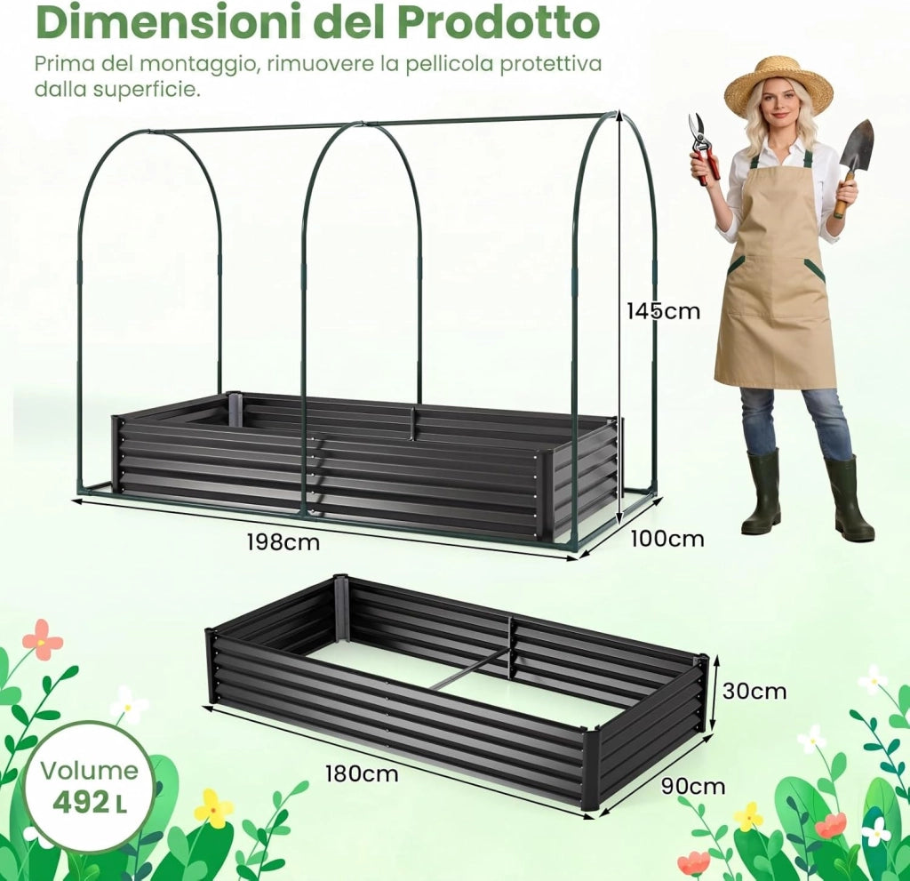 Orto Rialzato da Giardino con Serra, Fioriera da Esterno in Metallo con Copertura Apribile in PVC, Letto Rialzato da Esterno per Giadino, Cortile e Balcone 198 x 100 x 145 cm (Nero)