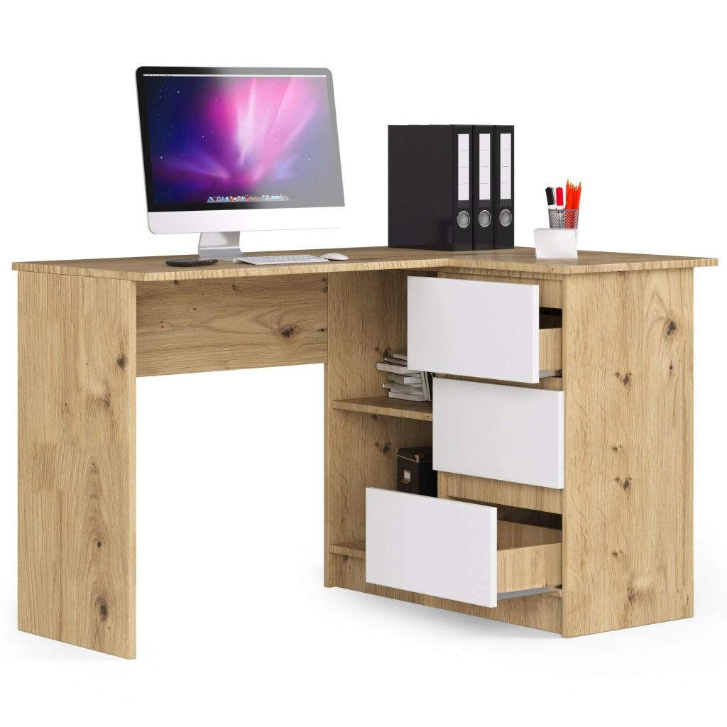 Scrivania angolare AKORD B16 Quercia Artisan 124 cm 3 cassetti inserto frontale Bianco 124x85x77 cm Modello a destra