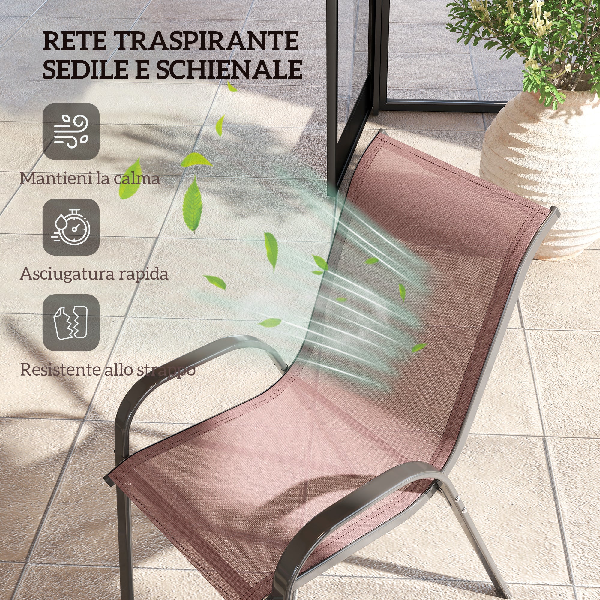 Set 4 Sedie da Giardino 54x71x93 cm Impilabili con Braccioli Curvi in Acciaio e Tessuto Traspirante Marrone