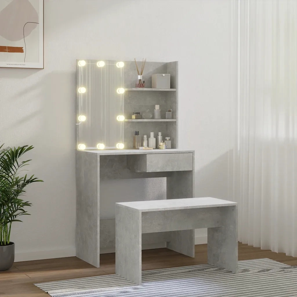 Set Tavolo da Toeletta | Tavolo da Trucco Grigio Cemento con LED Legno Multistrato