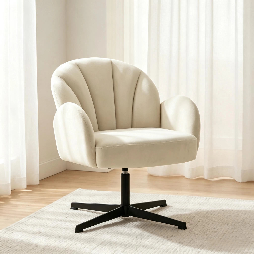 Poltrona girevole a conchiglia da salotto con schienale ergonomico e seduta imbottita in velluto beige e nero moderna
