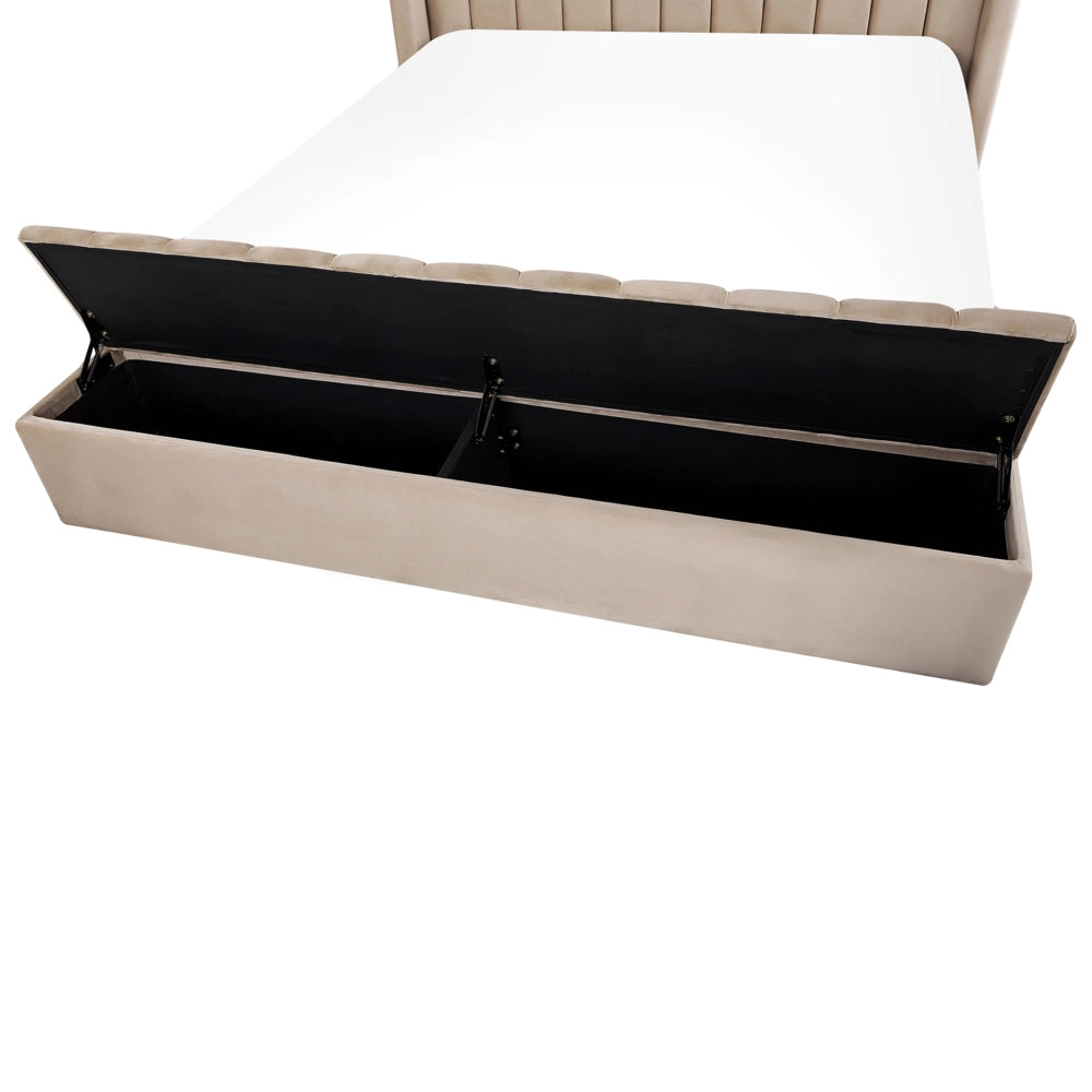 Letto matrimoniale ad acqua in velluto beige con cassapanca 160 x 200 cm moderno glam morbido materasso camera da letto