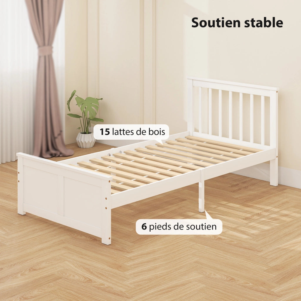 Letto Singolo in Legno Massello con 2 Cassetti e Testiera ¨C Zephmum ¨C 90x190 cm Bianco
