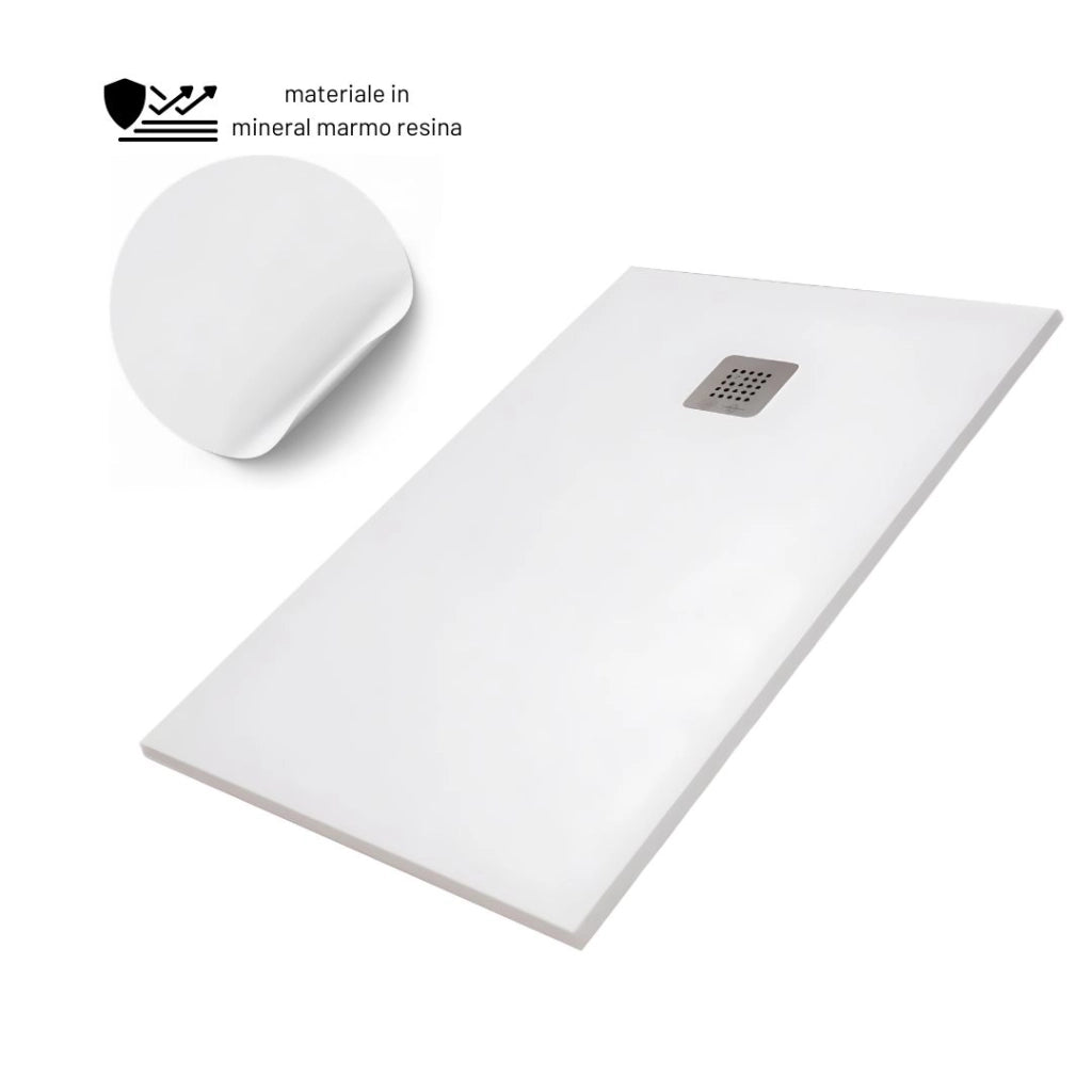 Piatto doccia mineral marmo resina antiscivolo h3,5 cm con piletta *** finitura- bianco opaco, misure l120 x p80 x h3...