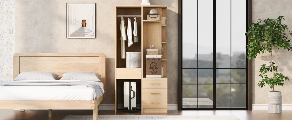 Scaffale guardaroba moderno con appendiabiti ripiani a più livelli e cassetti in MDF color legno 70 × 55 × 175 cm