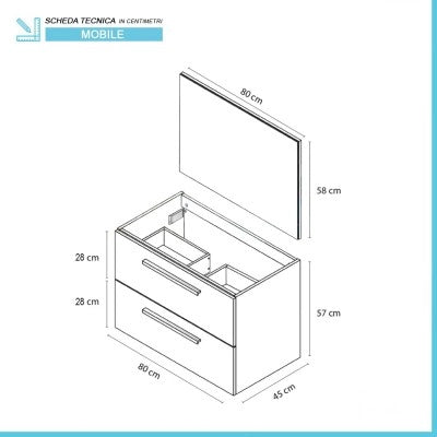 Mobile bagno sospeso 80 cm bianco lucido 2 cassetti e specchio
