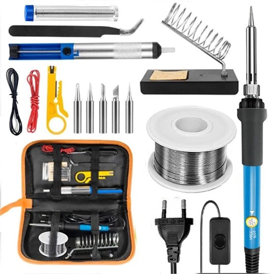 Impostabile Interruttore di Temperatura ON/OFF - Kit di Saldatura - 60W - Kit di Saldatura con Pompola di Saldatura - Tonnellatura per Cavi - Cassetta di Attrezzi.