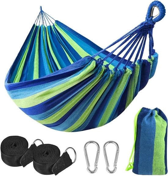 Hammock da Campeggio 210 x 150cm di Cotone Leggero Capacità di Carico fino a 300kg Portatile e Durevole per Giardino Terrazza Campeggio Viaggio Spiaggia (Incluso Borsa da Trasporto)