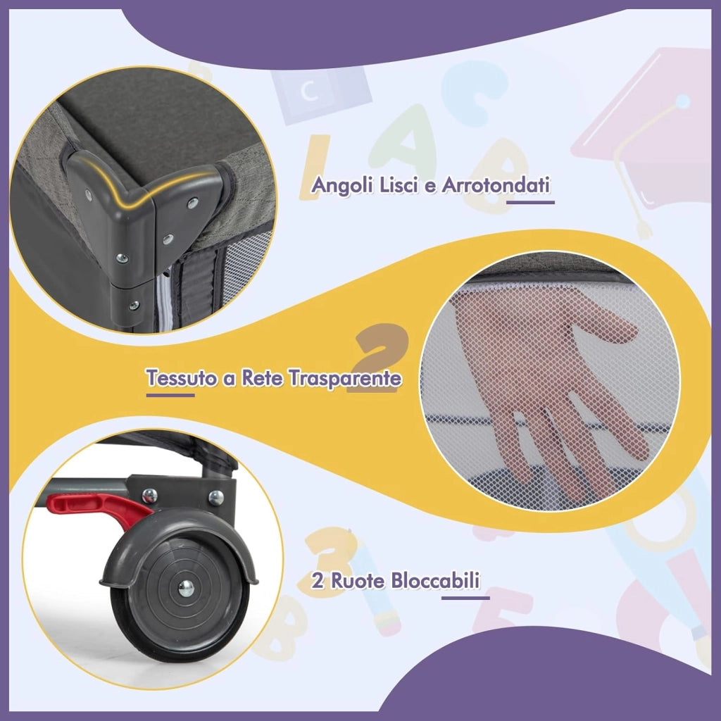 5-in-1 Lettino da Campeggio con Materasso, Lettino per Bambini con Fasciatoio, Lettino Pieghevole e Portabile, Altezza Regolabile in 5 Livelli, per Bambini 0-36 Mesi (Grigio+Grigio Scuro)