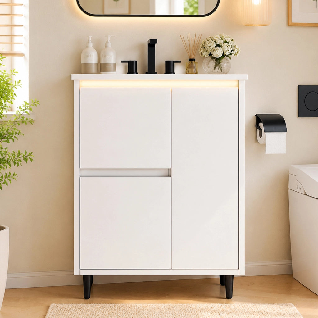 Mobile bagno freestanding con lavabo in ceramica e doppio cassetto