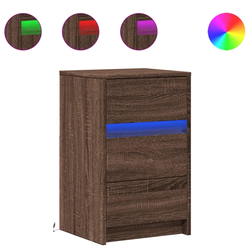 Comodino | Armadio da Notte | Mobiletto da notte con Luci LED Rovere Marrone in Legno Multistrato