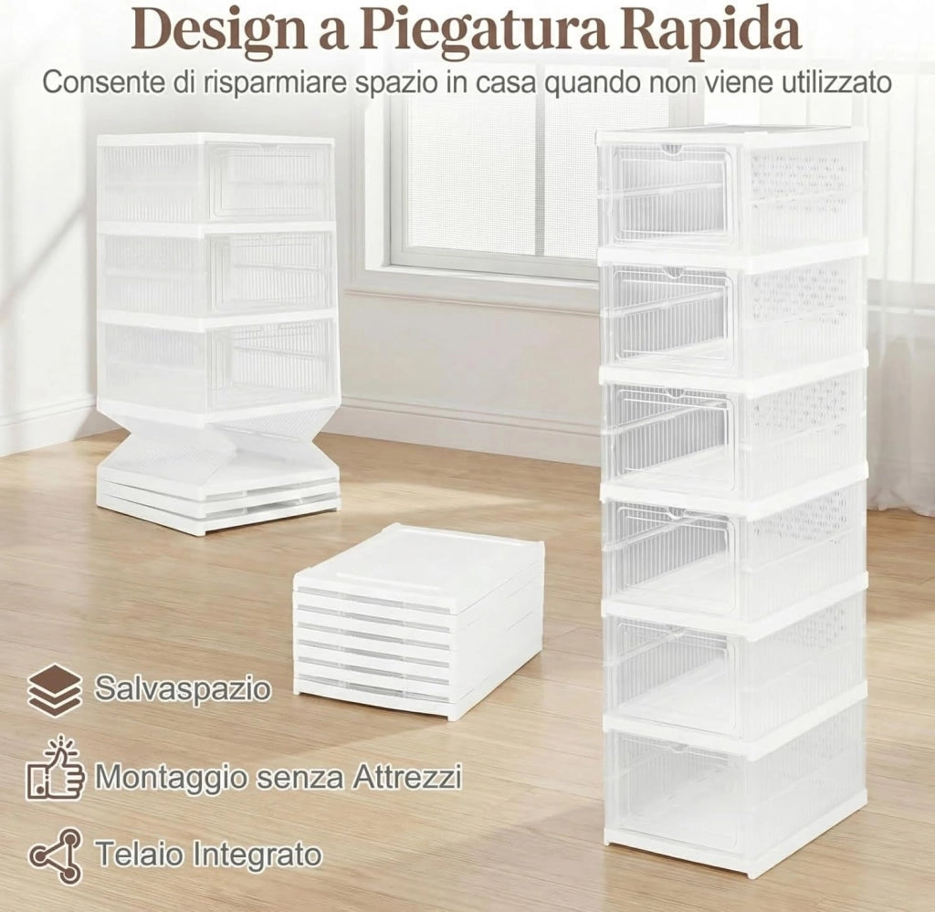 Scatole per Scarpe, Set di 2 Organizzatore per Scarpe a 6 Livelli, Scatole Pieghevoli in Plastica con Porta Frontale a Ribalta, Scarpiera Salvaspazio per Ingresso e Soggiorno
