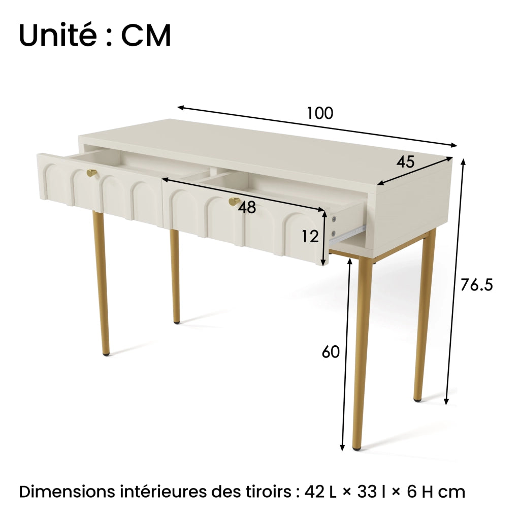 OKWISH Toeletta con 2 Cassetti, Contenitore Compatto, per Camera da Letto, in Legno e Metallo, Bianco Crema, 100×45×76.5 cm
