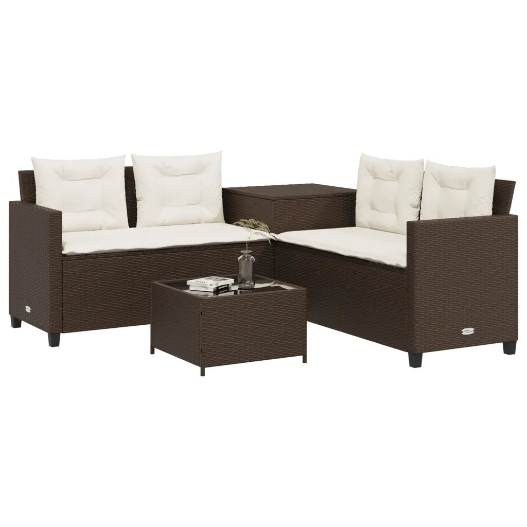 Divano da Giardino con Tavolo e Cuscini a L-Sofa da Giardino-Divano da esterno Marrone Polyrattan 764401