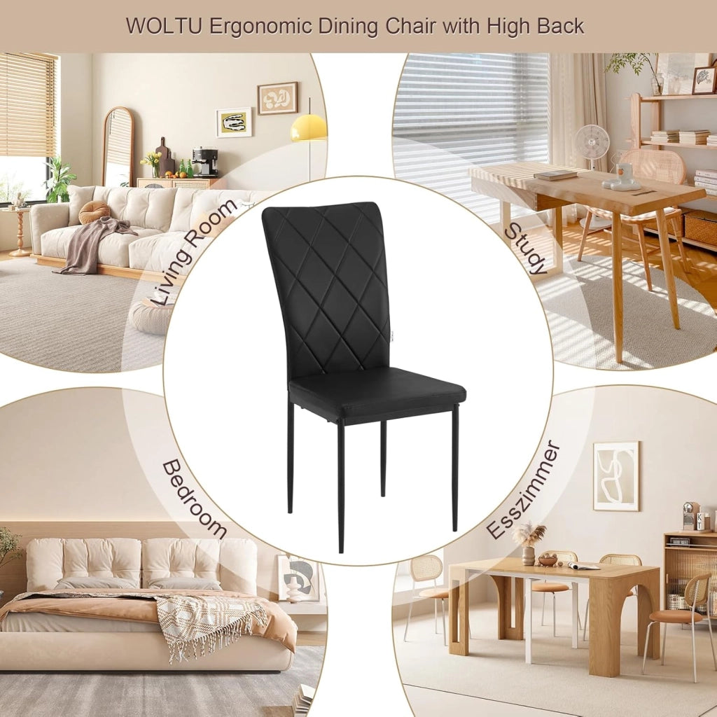 Set di 4 Sedie per Sala da Pranzo, Sedie da Cucina con Schienale Alto, con Gambe in Metallo e Rivestimento in Ecopelle, Nero, EZS21sz-4