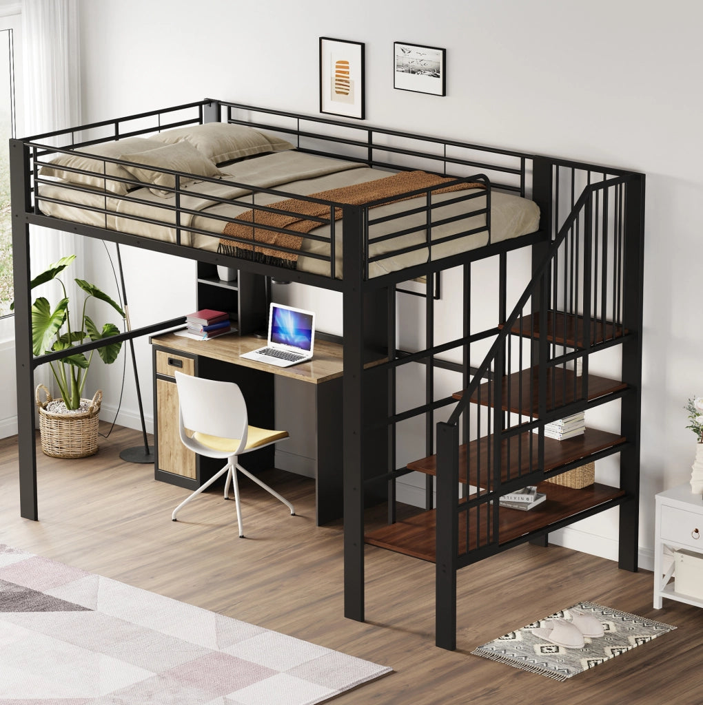 Letto a soppalco 140x200 cm in metallo e legno con scala integrata; nero