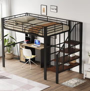 Letto a soppalco 140x200 cm in metallo e legno con scala integrata; nero