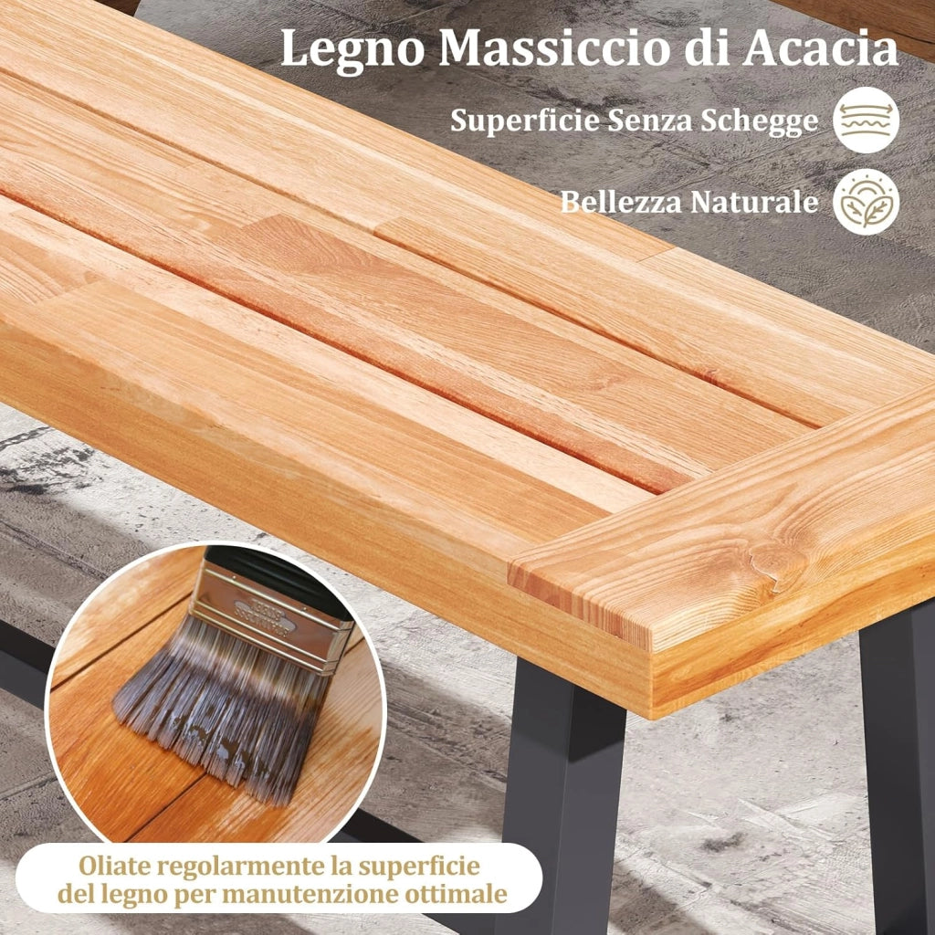 Panchina da Giardino in Legno di Acacia a 3 Posti, Panca da Esterno Senza Schienale con Gambe in Metallo, Panca Capacità di 360 kg per Ingresso, Cortile e Balcone, 160 x 32 x 45 cm