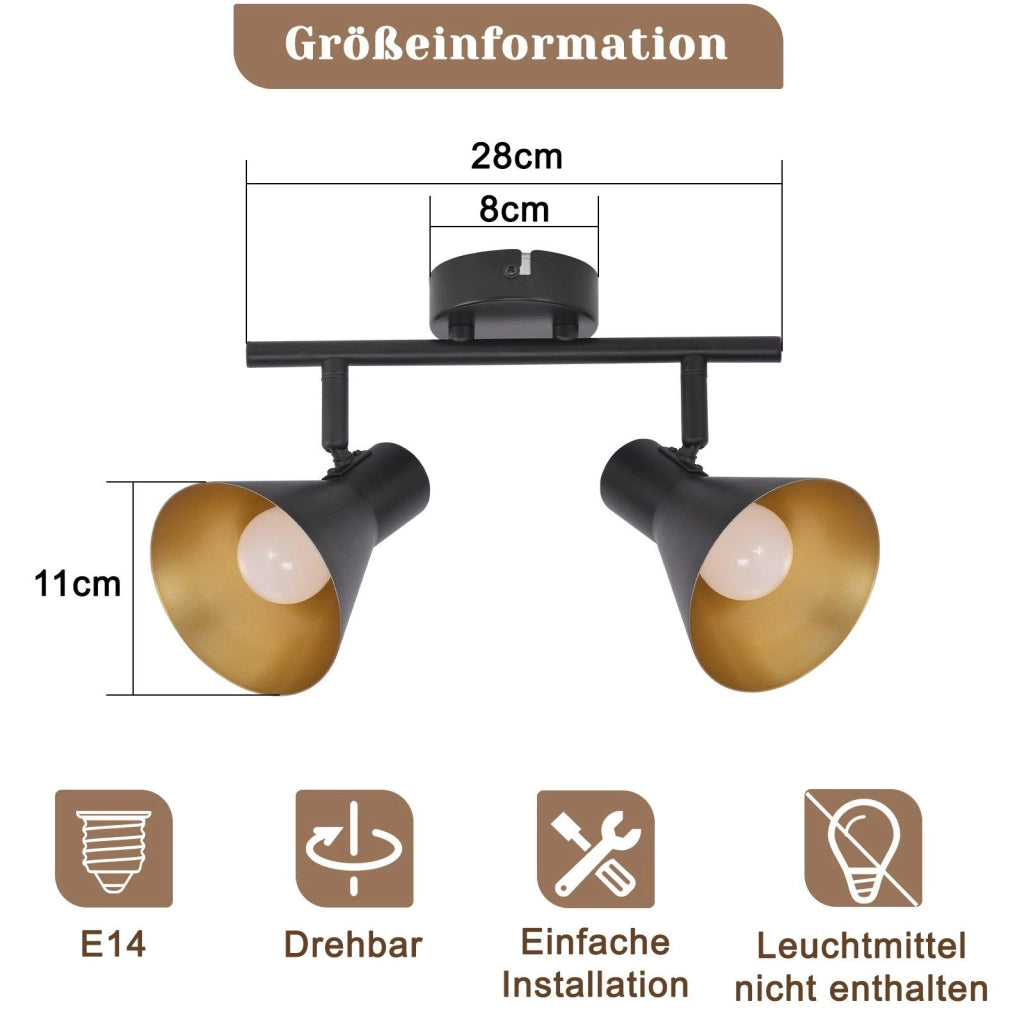 ZMH Faretto da soffitto neri 2 plafoniere 2 lampadine E14 metallo industriale retrò ruotabili 350° per uffici ingressi