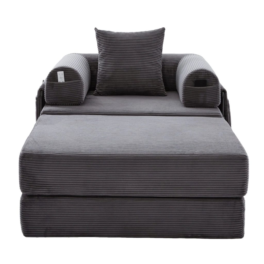 Divano modulare in corduroy con poggiapiedi, design ergonomico, tasca laterale e cuscino, grigio scuro