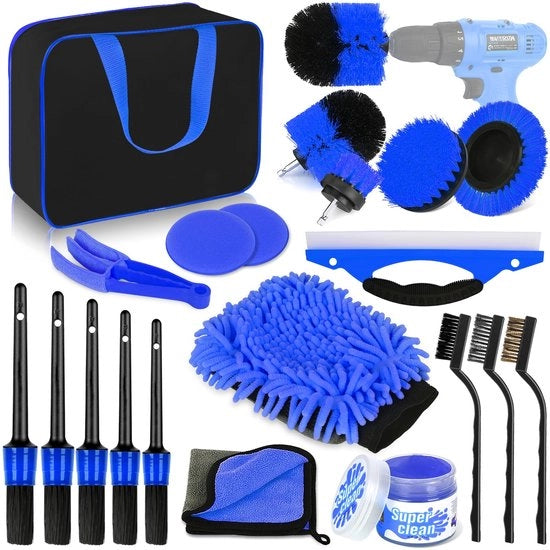 Set di pulizia auto, 20 pezzi, set di pulizia auto, spazzola per dettagli auto, set di pulizia auto per auto, interno ed esterno, prese d'aria, cruscotto, motore, ruote, pulizia domestica, blu