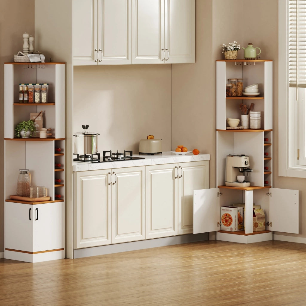 Mobile angolare portabottiglie con portasospensione per bicchieri; 40x40x182 cm; bianco in MDF