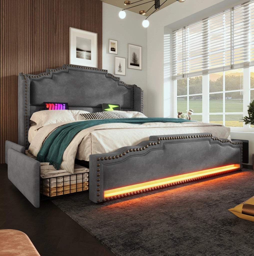 Letto matrimoniale ULEVR 160x200 cm con 4 cassetti, LED, USB e Type-C, velluto grigio
