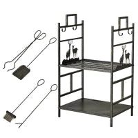 Portalegna in Ferro Battuto con Attrezzi per Camino, Manici e Base Rialzata, 51.5x33x77cm, Nero