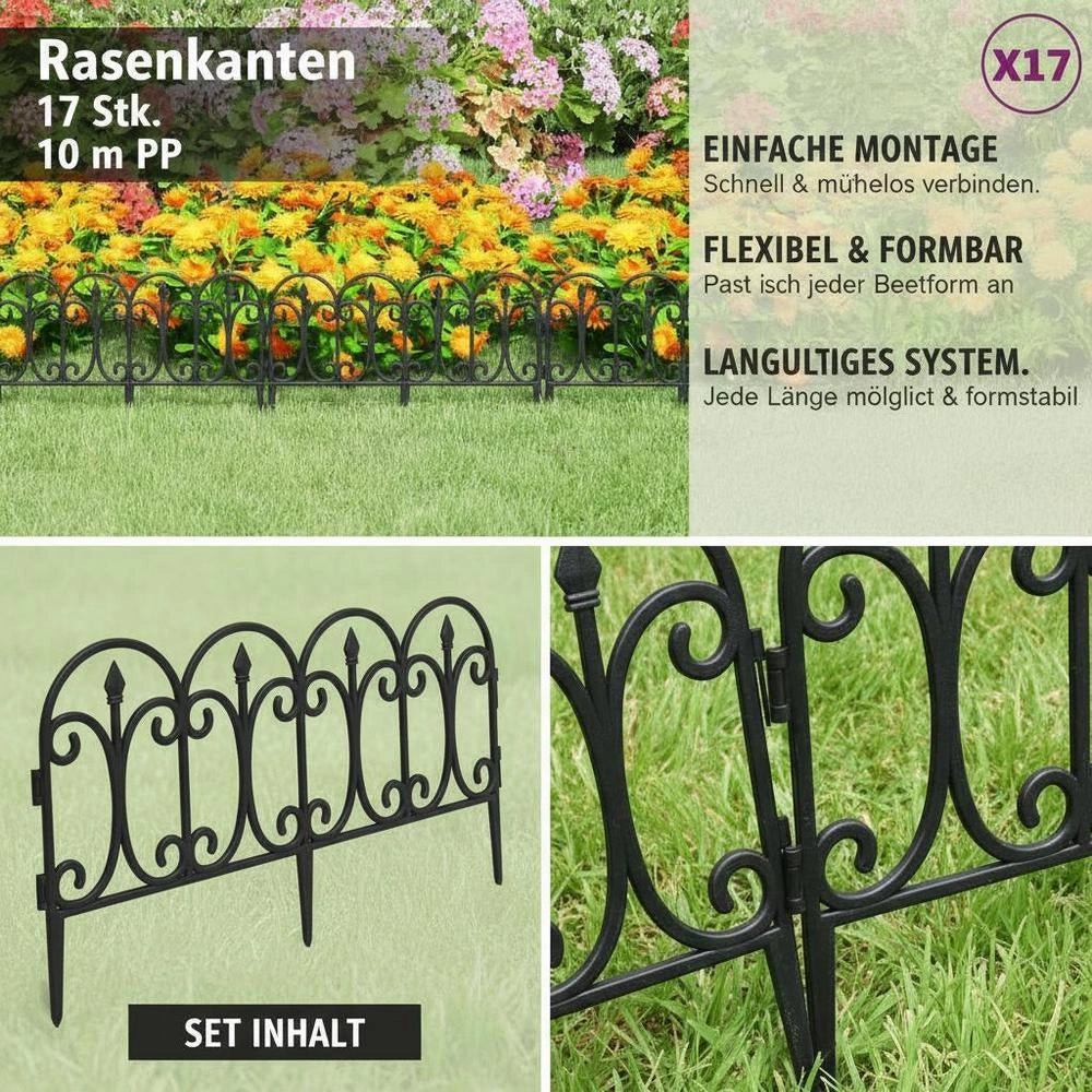 Lawn Edging, 17 Pieces, Black, 10 M, PP