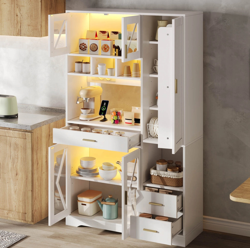 Credenza 105x40x185 cm con LED multicolore e prese; in MDF bianco