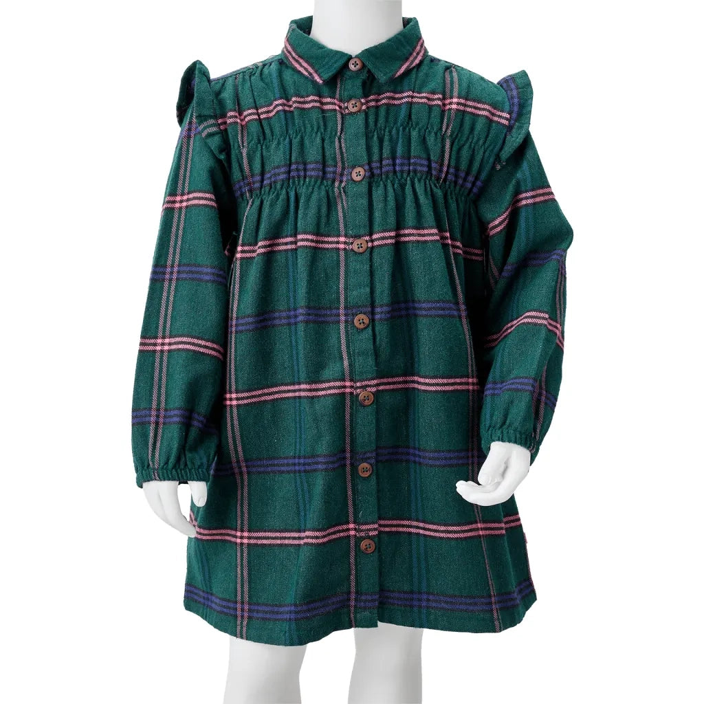 Abito da Bambina a Maniche Lunghe con Arricciature Verde Scuro 128 CFW3144432