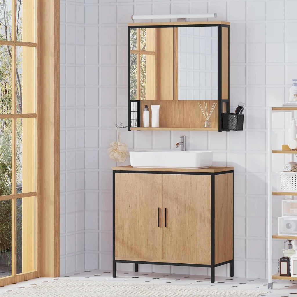 Specchio da Bagno con Contenitore e Luci, Pensile da Bagno con 2 Ante, 1 Scomparto Aperto e 2 Vani Chiusi, Ripiano Interno Regolabile, Nero + Rovere Chiaro, 56x14,5x60 cm