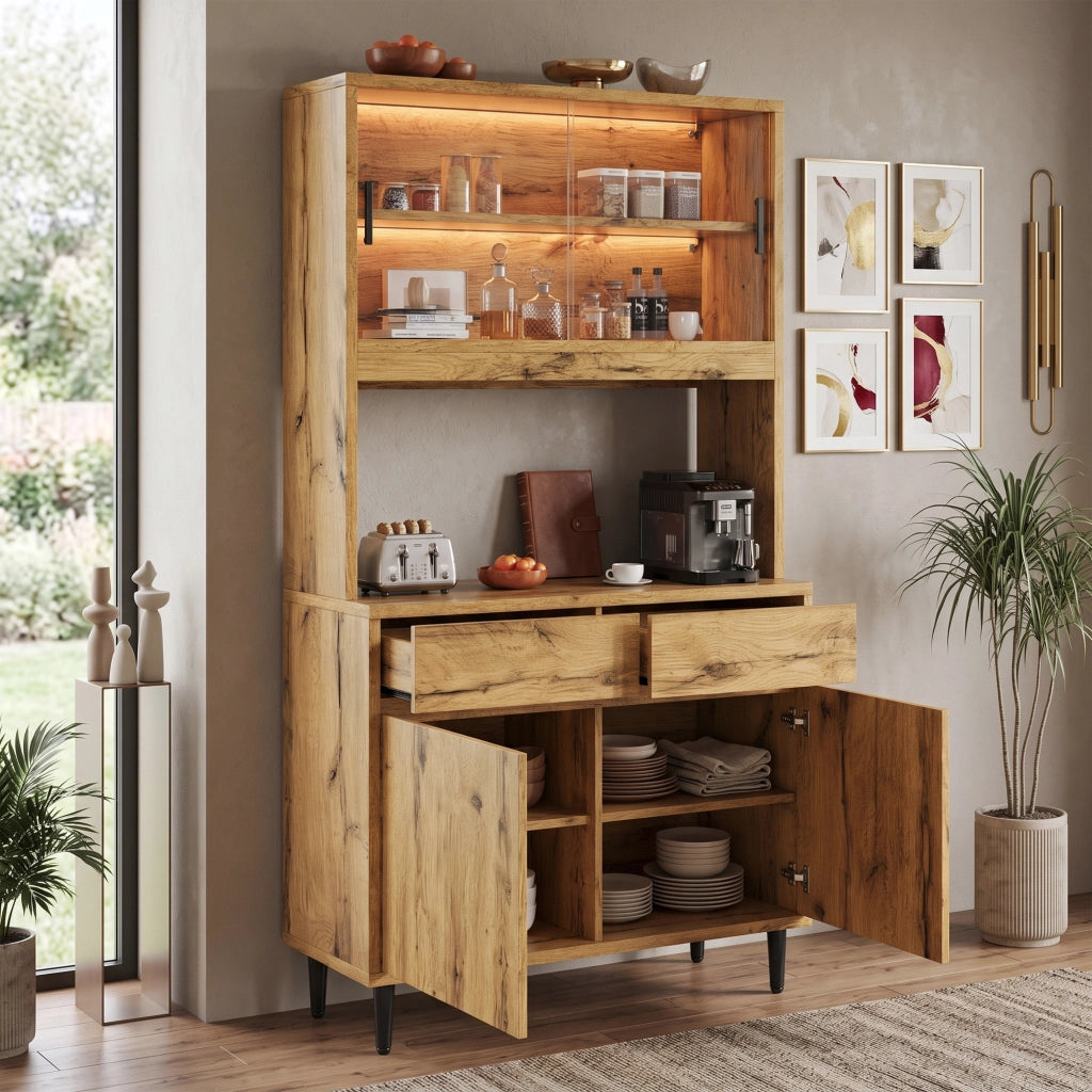 Credenza alta con LED e prese con 1 USB-A e 1 USB-C per soggiorno e sala da pranzo, 100 × 40 × 185 cm