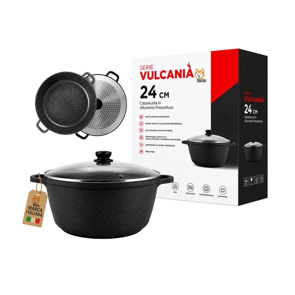 Akitaink Casseruola Alluminio Pressofuso Coperchio in Vetro 24 cm