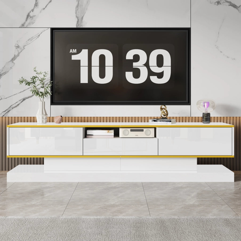 OKWISH Mobile TV con 3 Cassetti e 1 Vano Aperto, LED Multicolore, Finitura Lucida, per Soggiorno, 180 x 38 x 45 cm