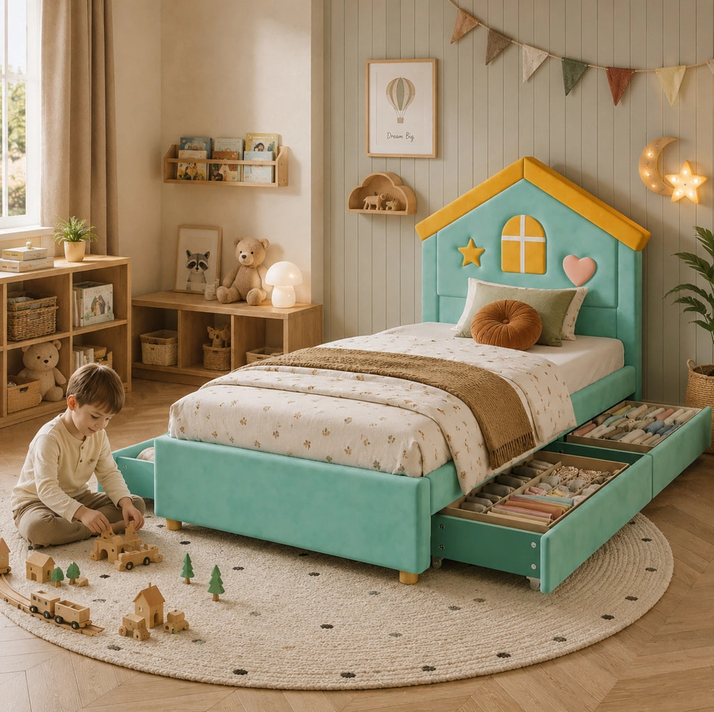 Letto per bambini imbottito a casetta 90x200 cm in velluto blu verde con 4 cassetti