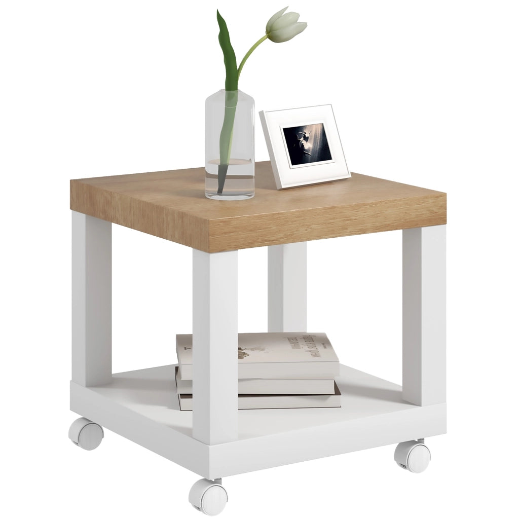 Tavolino con Ruote e Ripiano Aperto ¨C Zephmum ¨C Naturale e Bianco 40x40x40 cm