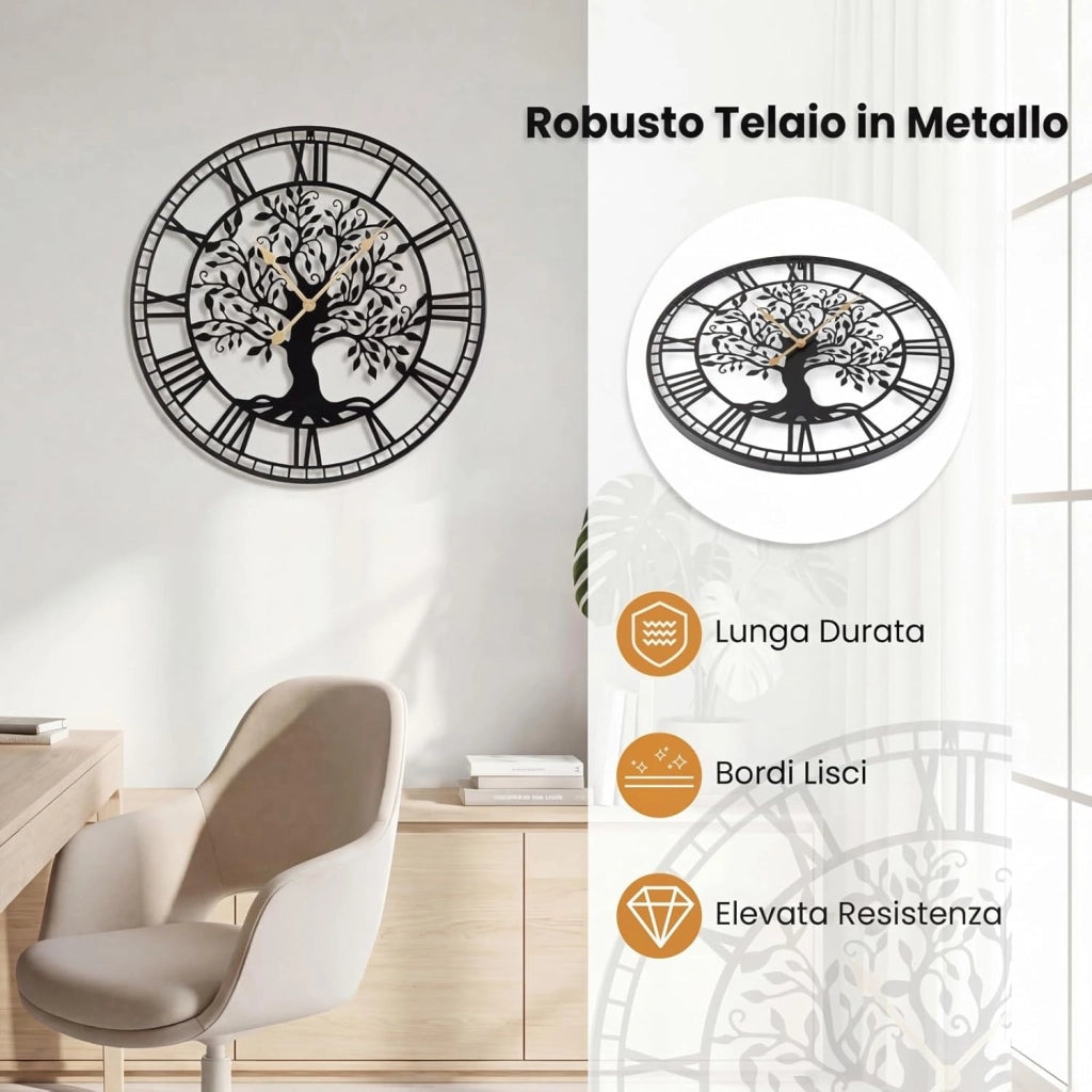 Orologio da Parete Grande da 68 cm, con Albero della Vita in Metallo, Orologio Decorativo Silenzioso Senza Ticchettio, per Soggiorno, Camera da Letto e Cucina, Nero