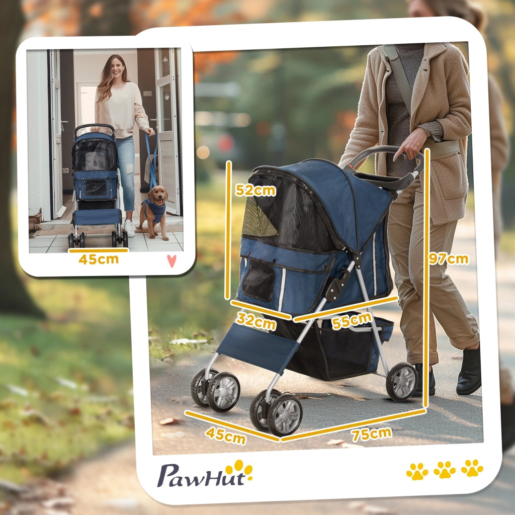Passeggino per Cani Pieghevole 75x45x97 cm Peso Max 10 kg con Cestino e Portabicchiere Blu Scuro
