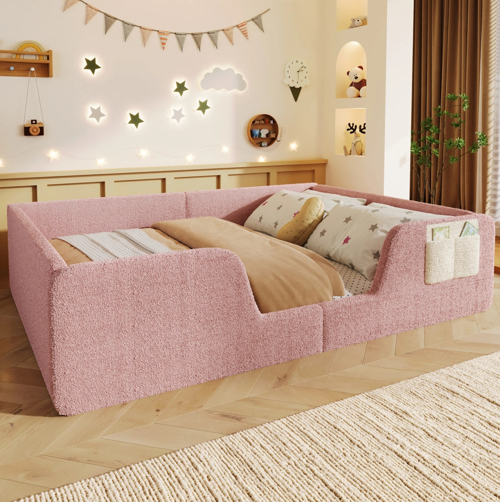 Letto imbottito per bambini 140x190 cm in velluto rosa con sponde removibili