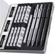 Set di matite meccaniche metalliche con astuccio - 0,5 mm e 0,7 mm, inclusi 480 HB riempimenti e 12 gomme