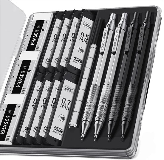Set di matite meccaniche metalliche con astuccio - 0,5 mm e 0,7 mm, inclusi 480 HB riempimenti e 12 gomme